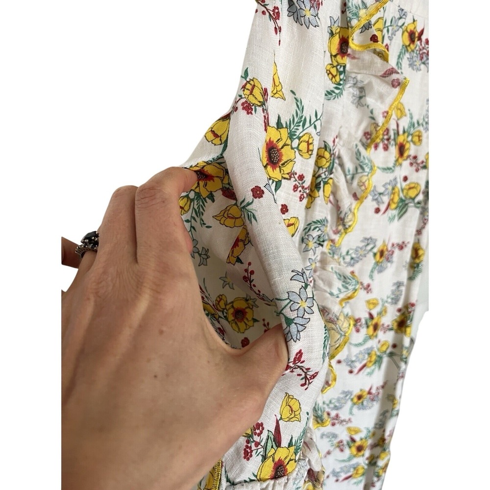 Gul Hurgel Floral White Yellow Ruffle 100% Linen Dress Pinafore Pockets Small - Picture 6 of 16